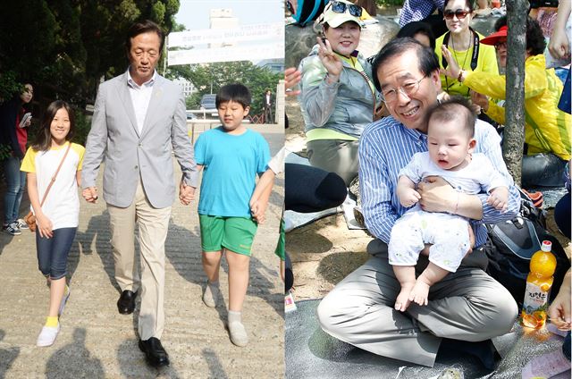 서대문구 미동초등학교에서 학생들과 손잡고 걷는 정 후보와 용산가족공원 도시락모임에서 어린 아이를 안고 있는 박 후보. 뉴시스 연합뉴스