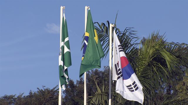 브라질 포스 두 이구아수의 한국 축구대표팀 숙소 버번 호텔 앞에 브라질 국기와 함께 태극기가 걸려있다. 연합뉴스