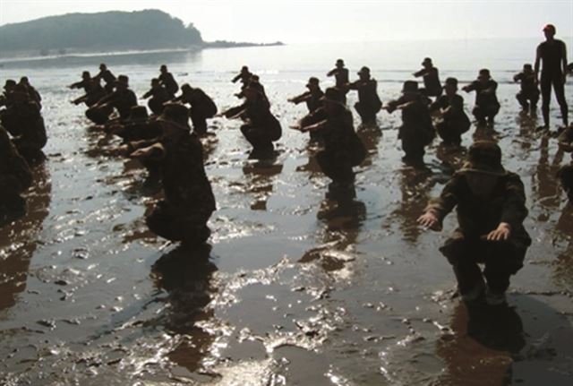 학생들이 해변에서 군대식 유격훈련을 받고 있다. 해병대 캠프는 극한 체험 과정을 통해 배려심과 인내심 등을 키울 수 있다는 생각 때문에 한때 각광받았으나 전문가들은 오히려 자율성 창의성을 위축시킬 수 있다고 지적한다. 한국일보 자료사진