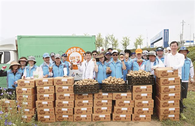 경정 봉사단원들이 감자수확을 마치고 기념촬영을 하고 있다. 국민체육진흥공단 제공/2014-07-03(한국스포츠)