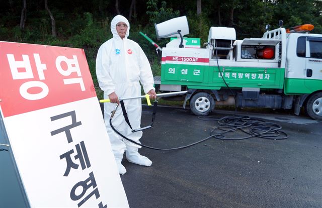 23일 돼지 구제역 의심 신고가 접수된 경북 의성군 비안면 장춘리 성환농장(농장주 성환) 입구에서 긴급투입된 의성군 방역팀이 길목을 차단하고 소독차량을 동원해 방역작업을 하고 있다. 뉴시스