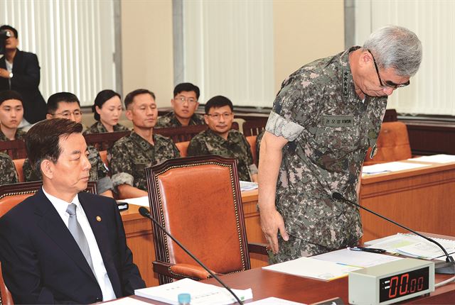 4일 국회 국방위원회에서 열린 윤모 일병 폭행치사 사건 관련 긴급 현안질의에서 한민구 국방부 장관이 권오성 육군참모총장이 인사하는 모습을 바라보고 있다. 오대근기자 inliner@hk.co.kr