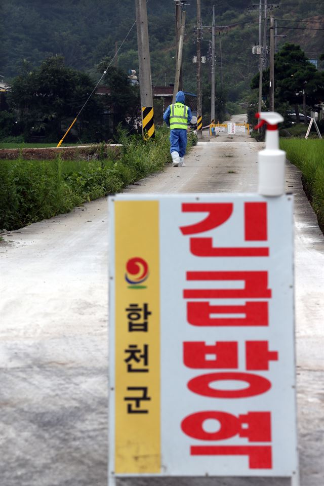 7일 돼지 구제역이 발생한 경남 합천군 적중면 한 돼지 사육농가 입구에 차단 방역으로 출입을 통제하는 안내문이 걸려 있다.구제역 발생은 올들어 지난달 경북 의성과 고령에 이어 세번째다. 연합뉴스