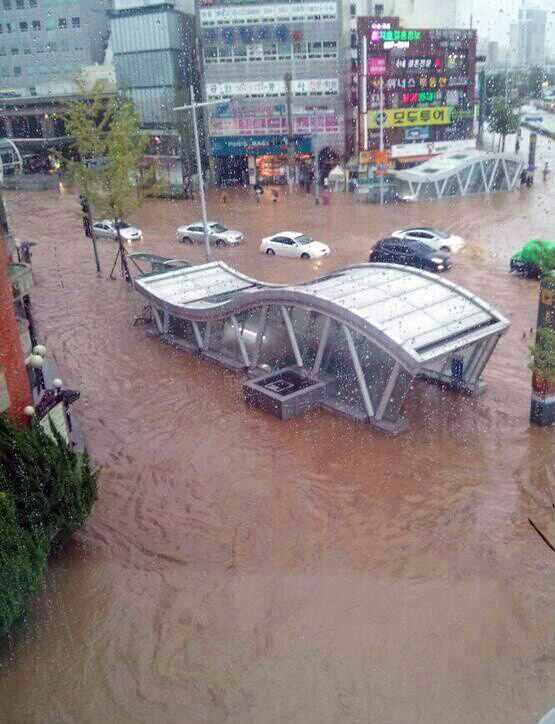 지난달 25일 부산지역에 시간당 최고 130㎜의 비가 내리면서 동래구의 한 도로가 물에 잠겨있다. 연합뉴스