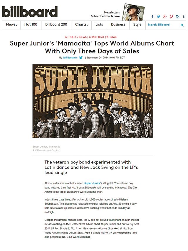 슈퍼주니어 정규7집 ‘MAMACITA’, 美 빌보드 집중 조명!/ 2014-09-10 (한국스포츠)/2014-09-10(한국스포츠)