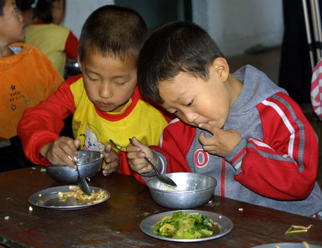 전세계 기아 인구는 감소세지만 여전히 9명 중 1명은 만성적인 영양결핍에 시달린다는 조사결과가 나왔다. 특히 북한에서는 전체 인구의 3분의 1 이상이 기아 상태인 것으로 나타났다. 사진은 북한 평북 향산의 유치원 어린이들이 세계식량기구(WFP)가 제공한 음식을 먹고 있는 모습. 한국일보 자료사진