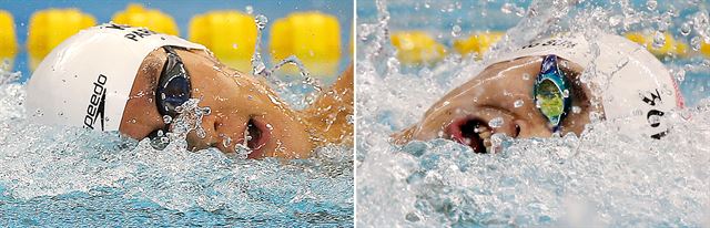 21일 인천 문학박태환수영장에서 열린 2014 인천 아시안게임 수영 남자 200m 예선에서 한국 박태환(왼쪽)과 중국 쑨양이 역영하고 있다. 연합뉴스