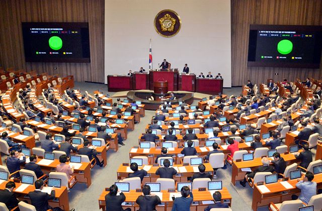 30일 오후 서울 여의도 국회에서 여야가 세월호 특별법 협상에 극적으로 타결해 329회 국회(정기회) 4차 본회의가 열린 가운데 채무자 회생 및 파산에 관한 법률 일부개정법률안(대안)이 재석 247인 중 찬성 247인으로 통과되고 있다. 오대근기자 inliner@hk.co.kr