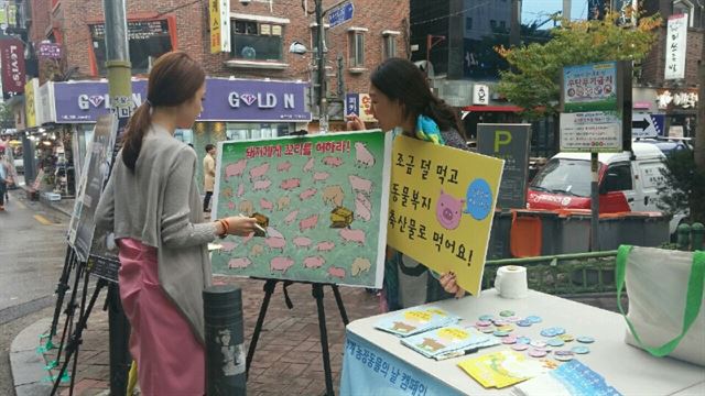 2일 세계농장동물의 날을 맞아 동물자유윤대는 공장식 축산의 현실을 알리고 동물복지 개선을 위한 시민참여를 촉구하기 위해 돼지에게 꼬리를 그려주는 캠페인을 실시했다. 동물자유연대 제공