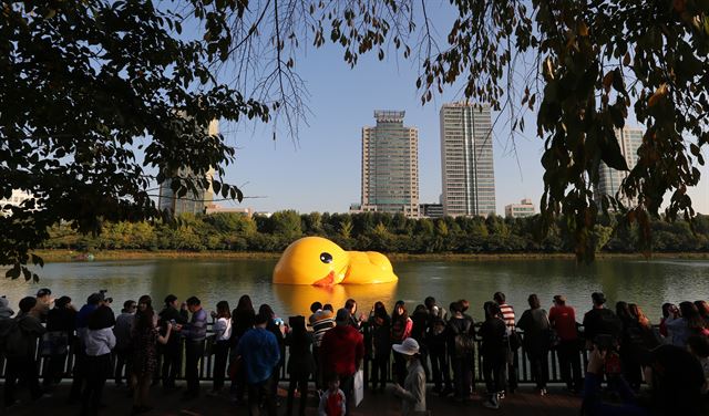 14일 서울 송파구 석촌호수에 설치된 대형 고무 오리 '러버덕(Rubber Duck)'에 바람이 빠져 있다. 연합뉴스.