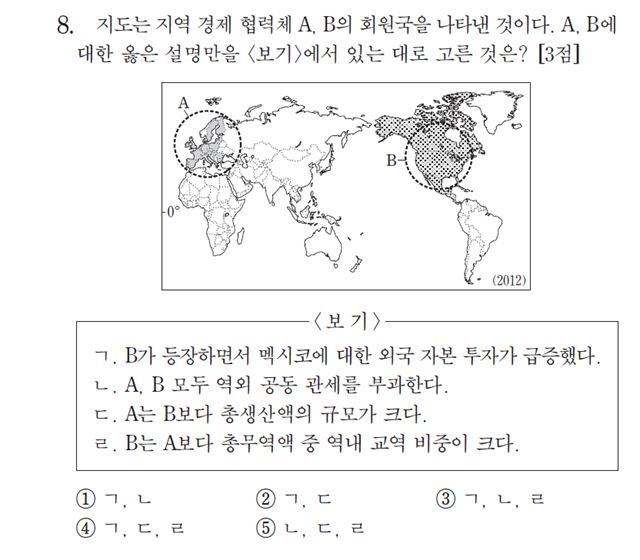 지난해 11월에 치러진 2014학년도 대학수학능력시험 세계지리 8번 문항(사진)에 출제 오류가 있다며 수험생들이 한국교육과정평가원 등을 상대로 낸 소송의 2심에서 사실상 승소했다. 서울고법 행정7부(민중기 수석부장판사)는 16일 김모씨 등 수험생 4명이 한국교육과정평가원과 교육부 장관을 상대로 낸 세계지리 등급결정처분 취소 소송에서 원고 패소로 판결한 원심을 깨고 "등급결정 처분을 취소하라"고 판결했다. 연합뉴스