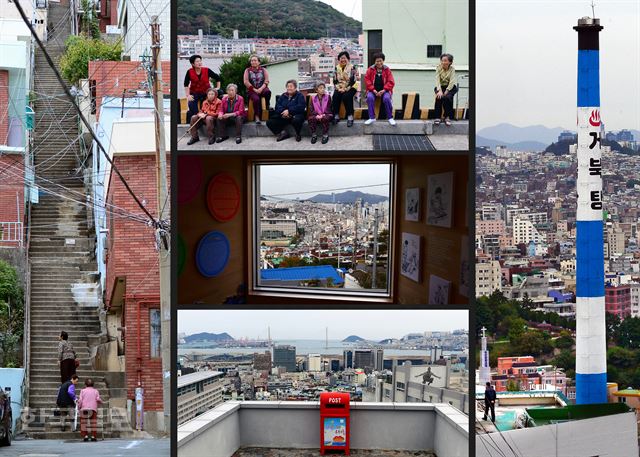 부산역 맞은편 영주동과 초량동 산복도로 마을 풍경. 사다리처럼 가파른 168계단/'길다방'에서 세상 이야기로 시간을 보내는 어르신들./이바구공작소에서 본 초량동 산동네/유치환 우체토에서 본 부산항 풍경/영주동에서 본 목욕탕 굴뚝과 산복도로 산동네.