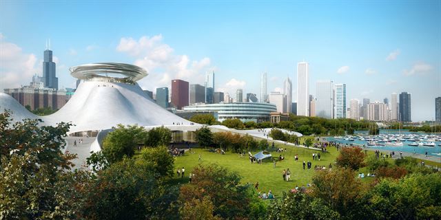 미국 시카고에 세워질 조지 루카스 박물관(Lucas Museum of Narrative Art)의 개념설계도가 공개됐다. 루카스 박물관은 중국 건축가 마얀송이 설계를 맡았으며 30m 높이의 하얀 산 위에 원반 형태의 은색 헤일로(Halo)가 떠있는 형상을 하고 있다. AP 연합뉴스