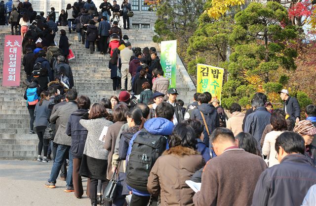 16일 오후 서울 이화여대 대강당에서 대성학원 주최로 열린 2015학년도 대학입학설명회를 찾은 수험생들과 학부모들이 주최 측에서 배부하는 배치표와 책자를 받기 위해 줄지어 서 있다. 이날 입시설명회가 열린 이화여대 강당에는 이른바 '물수능'으로 혼란해진 진학 전략을 듣기 위해 수험생과 학부모 수 천 명이 참석했다. 연합뉴스