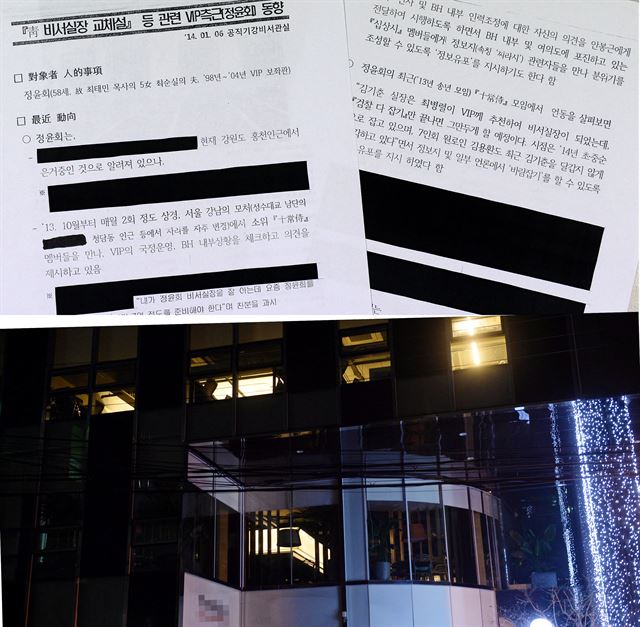 청와대 공직기강비서관실 행정관이던 A경정이 작성한 것으로 알려진 정윤회씨 관련 동향보고서(위쪽 사진)와 동향보고서에 정씨와 청와대 관계자 등이 모임을 가진 곳으로 적시된 서울 강남구의 한 식당. 세계일보 제공