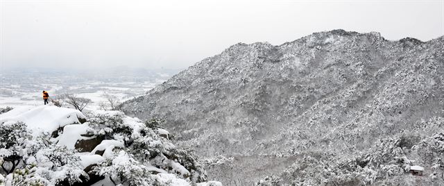 용봉산 병풍바위에 오르면 내포의 들판으로 뻗은 용봉산의 거침없는 산세를 분명하게 볼 수 있다.