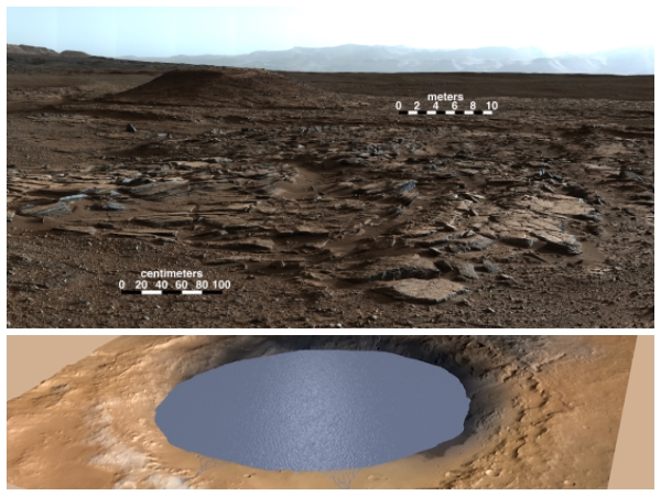 미국 항공우주국(NASA)은 화성 탐사로봇 ‘큐리오시티’가 전송한 사진을 분석한 결과 생명체의 생존 기반이 되는 물이 적어도 수백만 년 동안 화성에 있었던 것으로 추정된다고 8일(현지시간) 밝혔다. 나사는 사진의 왼쪽 부분에 위치한 5㎞ 높이의 샤프산이 최소 100만년 또는 수천만 년에 걸쳐 대형 호수에 퇴적물이 쌓이면서 생겼을 가능성이 높다고 분석했다. 사진의 중앙부분에 위치한 사암들은 왼쪽으로 쏠려있어 퇴적물이 샤프산쪽으로 형성됐음을 보여준다. 아래 사진은 대형 호수에 물을 찼을 때를 가상한 모습이다. NASAㆍAP연합뉴스