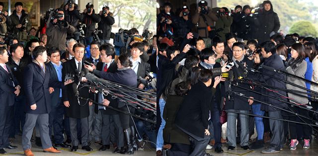 검찰 조사를 받기 위해 서울 서초동 서울중앙지검으로 들어서며 취재진의 질문을 받고 있는 정씨와 박 회장. 한주형기자(한양대 미디어커뮤니케이션학과 3), 연합뉴스