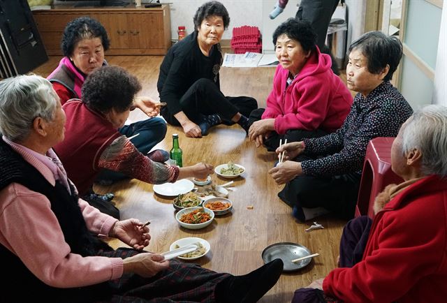 동네 어르신들이 마을회관에서 간단하게 차린 음식과 반주를 하며 담소를 나누고 있다. 남부지방은 김장을 마치고 동지가 지나면 농한기로 접어들지만 입춘(2월4일경) 무렵 다시 농사일을 시작한다. 기후가 따뜻한 만큼 쉬는 기간도 적은 편이다.