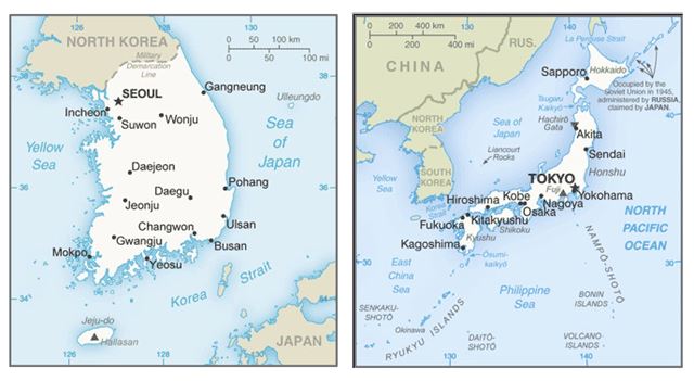 미국 중앙정보국(CIA)이 4일(현지시간) 홈페이지를 통해 공개한 '월드 팩트북'(국가정보보고서) 한국편 지도에서 독도의 미국식 표기인 '리앙쿠르 암초'(Liancourt Rocks)가 삭제됐던 화면. 당시 리앙쿠르 암초는 한국편 지도(왼쪽)에는 없고 일본편 지도(오른쪽)에만 등장했다. 그러나 5일 "단순한 실수"였다면서 한국 지도에도 '리앙쿠르 암초'라는 표기를 다시 표기했다. /CIA 홈페이지 캡처