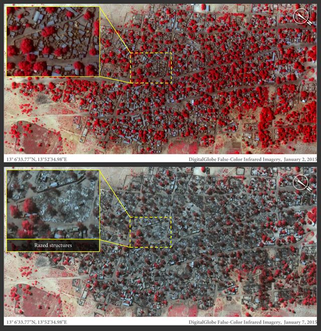 세계인권선언의 인권 보호 및 증진 운동단체인 국제 엠네스티가 15일(현지시간) 공개한 보코하람 습격을 받기 전(위, 1월 2일 촬영)과 후(아래, 1월 7일 촬영)인 나이지리아 도론바가 마을 거리를 적외선으로 비교한 위성 사진. 빨간색으로 표시된 건물과 나무 밀도가 습격 뒤 격감하고 있다. 이 습격으로 일부 파괴나 완전 파괴된 건물은 3700여 채에 이르는 것으로 확인되고 있다. AP 연합뉴스