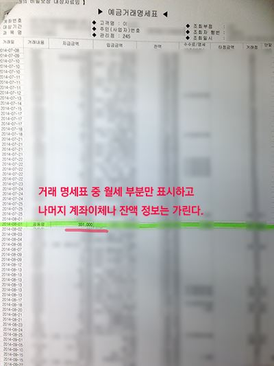 은행에 가면 떼어 주는 전년도 계좌이체 명세표. 월세 부분만 강조 표시하고 개인정보 보호를 위해 나머지 계좌이체나 잔액 정보는 지우는 게 좋다. 한국일보 자료사진