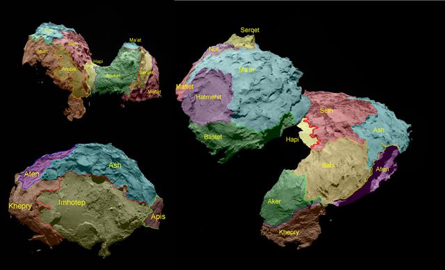 지난 11월 인류 역사상 처음으로 혜성 탐사선 로제타의 탐사로봇 '필레'(Philae)가 착륙한 혜성 추류모프-게라시멘코(67P)의 지형과 성분, 분출 가스 등을 분석한 연구 결과가 공개된 가운데 사진은 혜성 탐사선 로제타가 촬영한 혜성 67P로 연구진들은 67P 혜성 표면을 분석해 19개 구역으로 나누고 각 구역에 이집트 신들의 이름을 붙였다. Credit: ESA/Rosetta/MPS for OSIRIS Team MPS/UPD/LAM/IAA/SSO/INTA/UPM/DASP/IDA