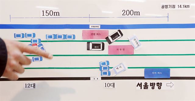 12일 오후 인천시 서구 서부경찰서에서 이현 교통사고조사계장이 보드에 묘사된 사고 그림을 토대로 영종대교 차량 106중 추돌사고 가운데 1차 사고를 설명하고 있다. 연합뉴스