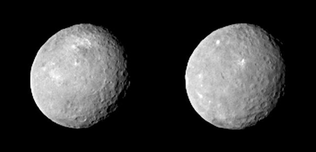 2015년 2월 12일 NASA 탐사선 돈(Dawn) 호가 보낸 왜소행성 세레스(Ceres)의 표면 사진. 이때만 해도 반짝이는 두 개의 점은 없었다. /NASA 홈페이지