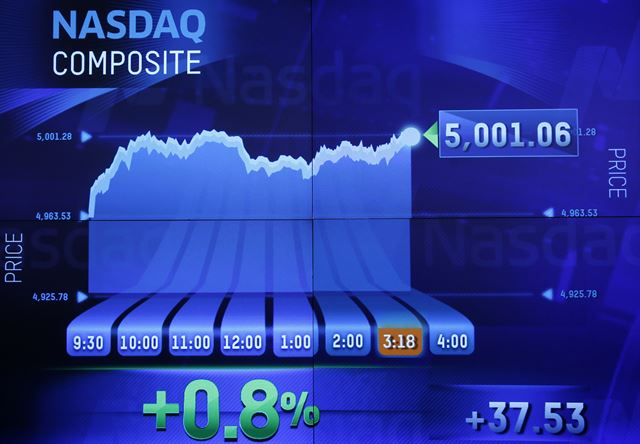 [나스닥, 15년만에 5,000선 재진입] 뉴욕 증시의 나스닥이 2일(현지시간) 2000년 이후 15년 만에 5,000선을 다시 돌파한 가운데, 나스닥 마켓 사이트 전광판에 5000선을 돌파한 나스닥 지수가 표시되어 있다. 뉴욕=로이터 연합뉴스