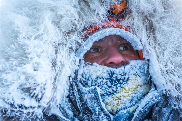 알래스카에서 열리고 있는 2015 '이디타로드 트레일(Iditarod Trail)' 레이스에 출전 중인 휴네프가 15일(현지시간) 꽁꽁 얼어붙은 얼굴로 캘태그에 도착하고 있다. 캘태그=AP 연합뉴스