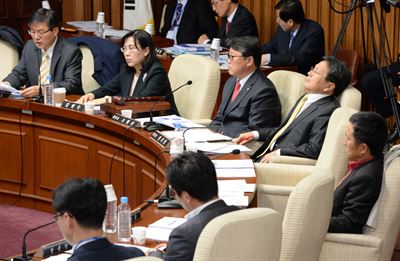 19일 국회에서 열린 '공무원연금 개혁을 위한 국민대타협기구' 전체회의에서 공동의장인 조원진 새누리당 의원(왼쪽 세번째)과 강기정 새정치민주연합 의원(왼쪽 네번째)이 참석자의 발언을 듣고 있다. 왕태석기자 kingwang@hk.co.kr