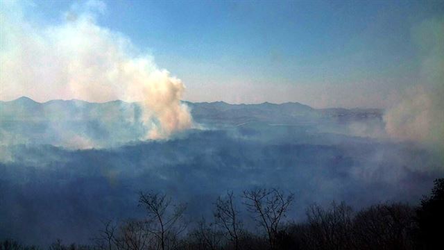 23일 오후 북한 지역 비무장지대(DMZ)에서 난 불이 강한 바람을 타고 군사경계선을 넘어 남측의 파주 도라산전망대 인근으로 번지고 있다. 파주=뉴시스