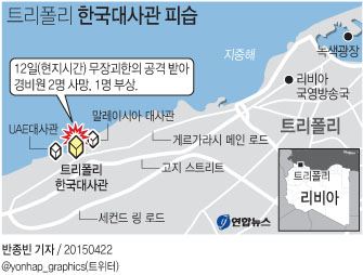 리비아 트리폴리 한국대사관 피습. 연합뉴스 그래픽