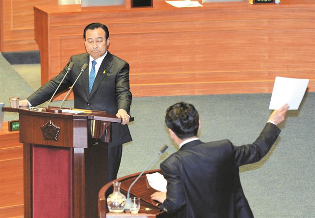 이완구 국무총리가 13일 국회 본회의장에서 정청래 새정치민주연합 의원의 질의 도중에 순간적으로 눈을 감는 장면이 카메라에 포착됐다. 오대근기자 inliner@hk.co.kr