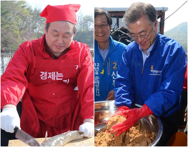 (왼쪽) 21일 인천시 강화군 삼산면 한 횟집에서 매운탕 요리를 하고 있는 새누리당 김무성 대표. 새누리당 제공. (오른쪽) 22일 인천 강화군 마니산영농조합을 찾아 조합에서 만든 된장을 통에 담고 있는 새정치민주연합 문재인 대표.