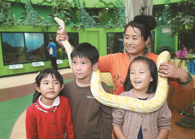 함평나비축제장을 찾아 뱀을 몸에 감아보는 관광객들.