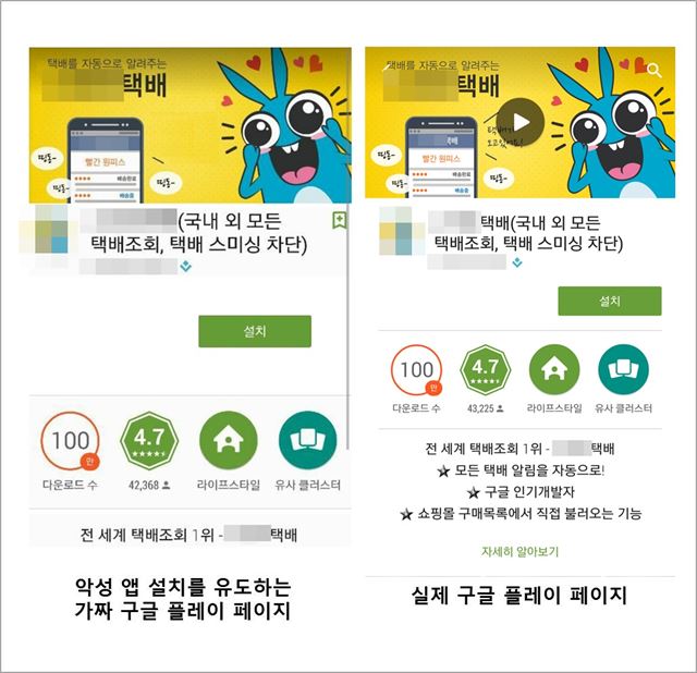 정상 앱(오른쪽)과 가짜 앱의 구글플레이 설치 페이지. 안랩 제공/2015-04-29(한국일보)