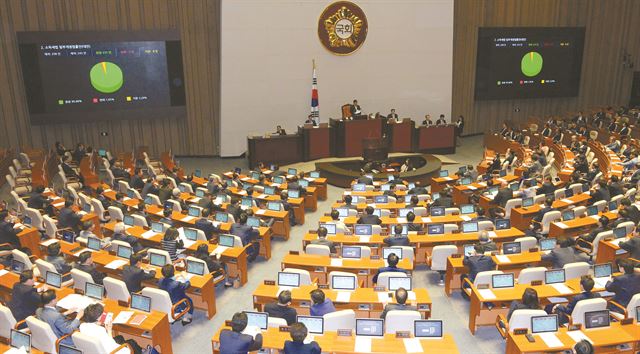 12일 열린 5월 임시국회 본회의에서 의원들이 법안을 표결하고 있다. 이날 본회의는 소득세법 개정안 등 법안 3건만 처리하고 1시간 5분 만에 산회했다. 오대근기자 inliner@hk.co.kr