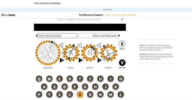 영화 '이미테이션 게임'에 소개된 과학자 앨런 튜닝을 자세히 소개한 기사에 포함돼 독자의 참여를 유도하는 브랜디드 콘텐츠 사례. 독자가 위쪽 빈칸에 키보드를 이용해 단어를 입력하면 튜닝이 고안한 대로 암호가 만들어지거나 해석된다. 뉴욕타임스 기사 웹페이지 캡쳐