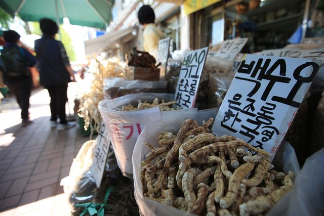 지난달 오후 서울 동대문구 경동시장 약령시 한 매장에 진열된 백수오. 약재상들은 최근 논란으로 약재시에서 이엽우피소를 찾기 힘들어졌다고 설명했다. 연합뉴스