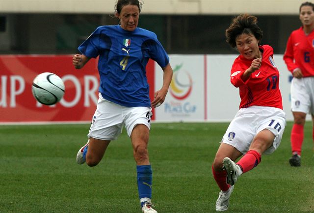 2006피스퀸컵 국제여자축구대회에서 한국 김진희가 이탈리아 문전에서 강슛을 쏘고 있다. 연합뉴스