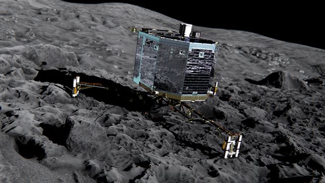 유럽우주국(ESA)은 인류 최초의 혜성 탐사 로봇 '필레'(Philae)로 부터 2분간 새로운 신호를 받았고, 40초 분량의 자료를 전송받았다고 14일(현지시간) 밝혔다. ESA이 2004년 3월 발사한 혜성 탐사선 '로제타'는 10년 8개월간 65억 ㎞를 비행해 지난해 11월 시속 6만 6천㎞로 움직이는 혜성 67P/추류모프-게라시멘코에 도착했다. 로제타호에 실렸던 탐사로봇 필레는 지난 해 11월12일 67P 혜성의 표면에 착륙하는데 성공했으나 그늘에 자리잡는 바람에 배터리가 방전돼 11월 15일부터 대기 모드에 들어갔었다. 사진은 2013년 ESA가 제공한 것으로, 필레의 67P/추류모프-게라시멘코 착륙 상상도. AP 연합뉴스