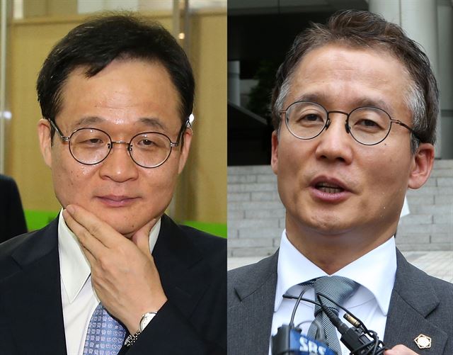 엘리엇매니지먼트가 삼성물산을 상대로 낸 주주총회소집 금지 및 주식처분금지 가처분 신청 심리가 열린 19일 김용상(왼쪽) 삼성물산 측 변호사와 최영익 엘리엇 측 변호사가 서울 서초동 서울중앙지법을 나서고 있다. 뉴시스