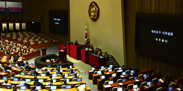 제334회 국회(임시회) 본회의가 열린 6일 오후 서울 여의도 국회 본회의장에서 황교안 국무총리가 국회법 일부개정법률안 재의요구 이유를 설명하고 있다. 뉴시스