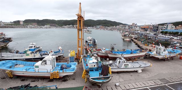 제11호 태풍 '낭카'가 북상하는 가운데 16일 오전 울산시 북구 정자항에서 어선들이 뭍으로 대피해 있다. 연합뉴스