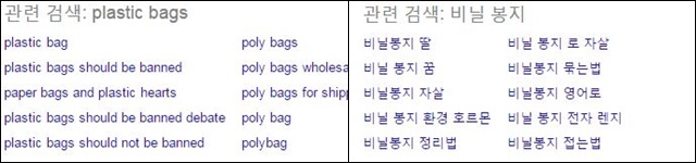 구글에서 영어로 'plastic bag'을 검색했을 때의 연관 검색어(왼쪽)와 한글로 '비닐봉지'를 검색했을 때의 연관 검색어. 한국사람들은 비닐봉지와 환경의 연관성에 대해 큰 걱정을 하지 않는 것 같다.