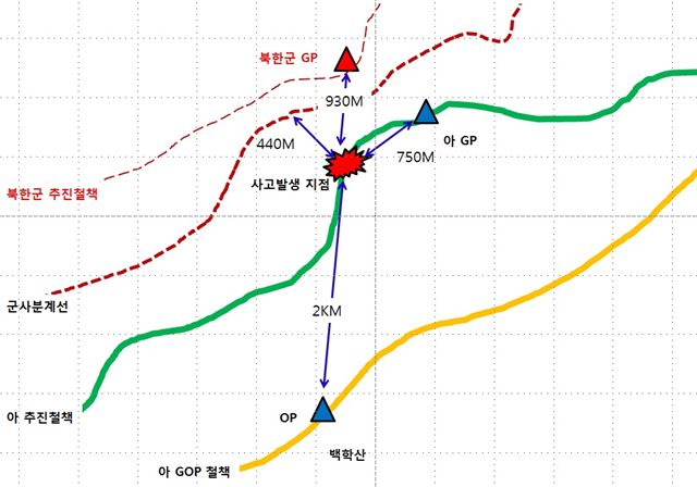 지난 4일 비무장지대(DMZ)에서 우리 군 수색대원 2명에게 중상을 입힌 지뢰폭발사고는 군사분계선(MDL)을 몰래 넘어온 북한군이 파묻은 목함지뢰가 터진 것으로 조사됐다. 이날 합동참모본부가 공개한 사고발생 장소. 합참 제공