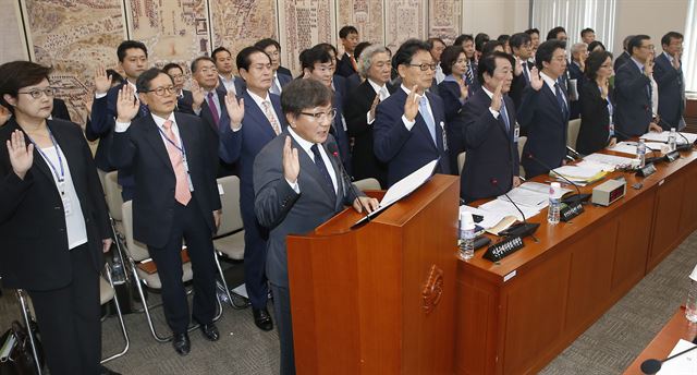 송성각 한국콘텐츠진흥원장이 18일 국회에서 열린 교육문화체육관광위원회의 한국콘텐츠진흥원, 한국언론진흥재단 등에 대한 국정감사에서 피감기관 관계자들과 함께 선서를 하고 있다. 연합뉴스