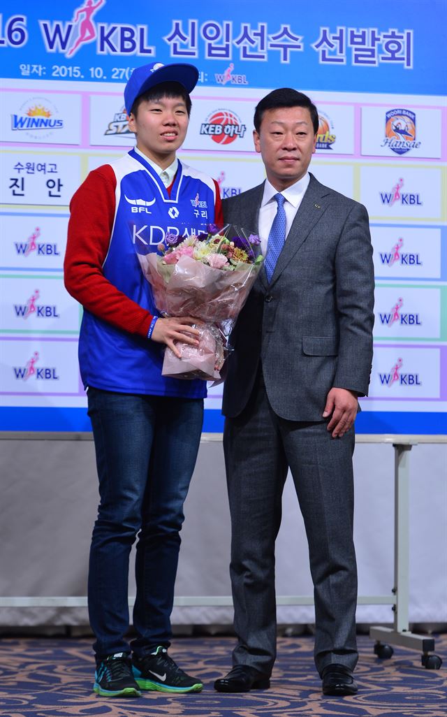 27일 오전 서울 청담동 리베라호텔에서 열린 2015 WKBL 신입선수 선발회 1라운드에서 김영주 KDB생명 감독이 진안(수원여고)을 지명한 뒤 포즈를 취하고 있다. 뉴시스